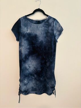 Dark Blue Tie Dye T-Shirt Dress with Side Cinching